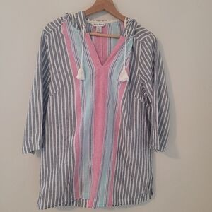 Tommy Bahama Women's large Lovely Lanes Baja Linen Blend Hoodie Tunic blue pink